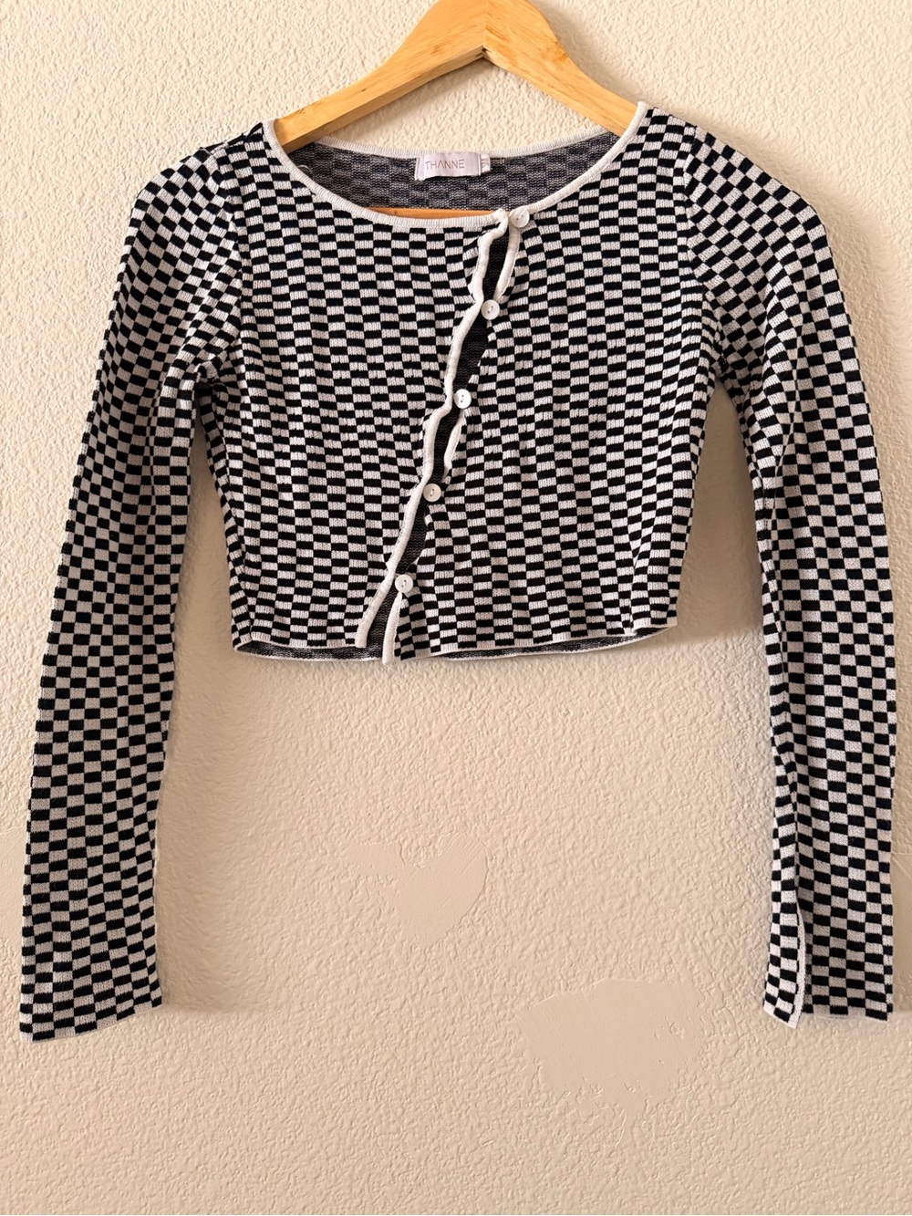 Checkerboard Cropped Cardigan with Contrast Trim